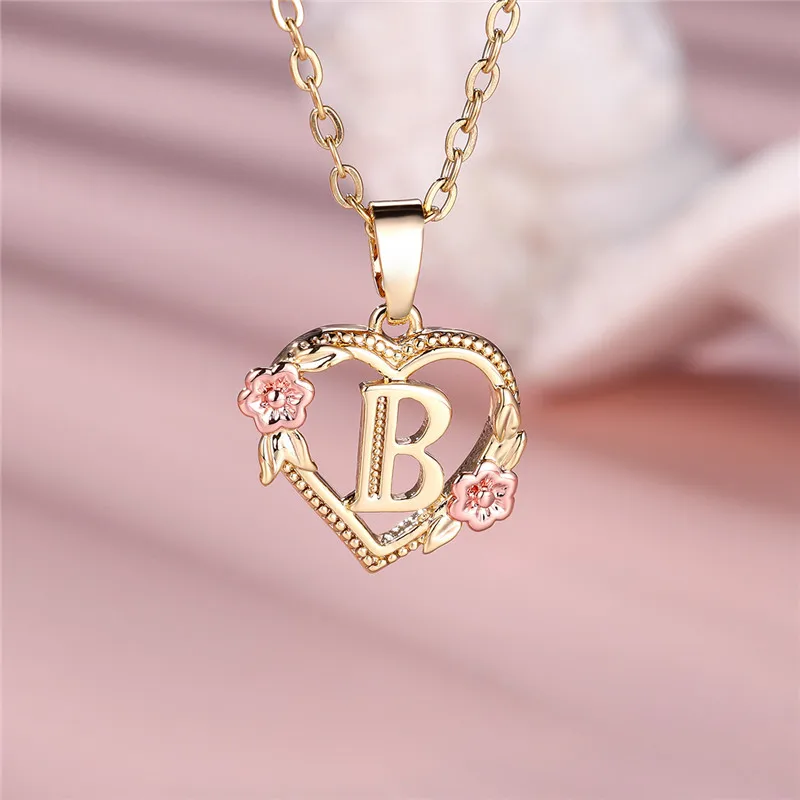 Female A-Z Letter Flower Pendant Necklace For Women