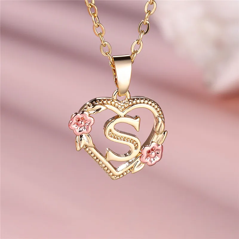 Female A-Z Letter Flower Pendant Necklace For Women