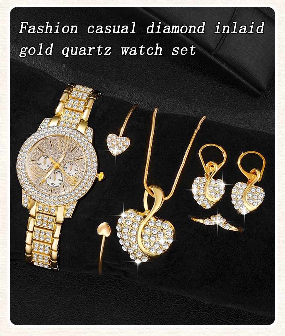 Gold Luxury Ring Necklace Earring Quartz Watch Jewelry Set for Women