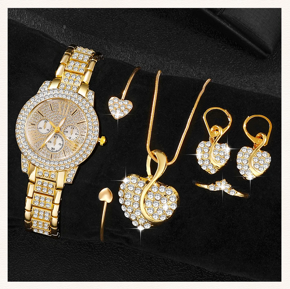 Gold Luxury Ring Necklace Earring Quartz Watch Jewelry Set for Women