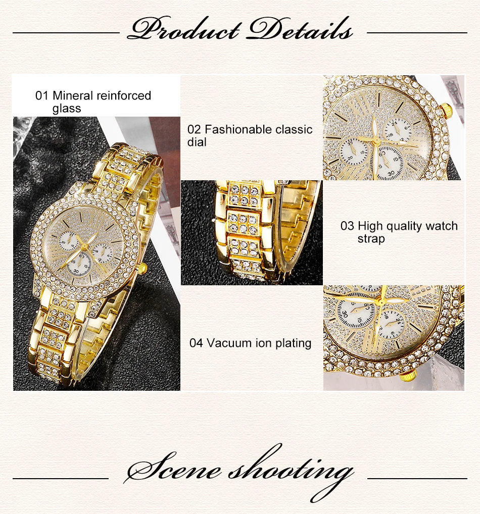 Gold Luxury Ring Necklace Earring Quartz Watch Jewelry Set for Women