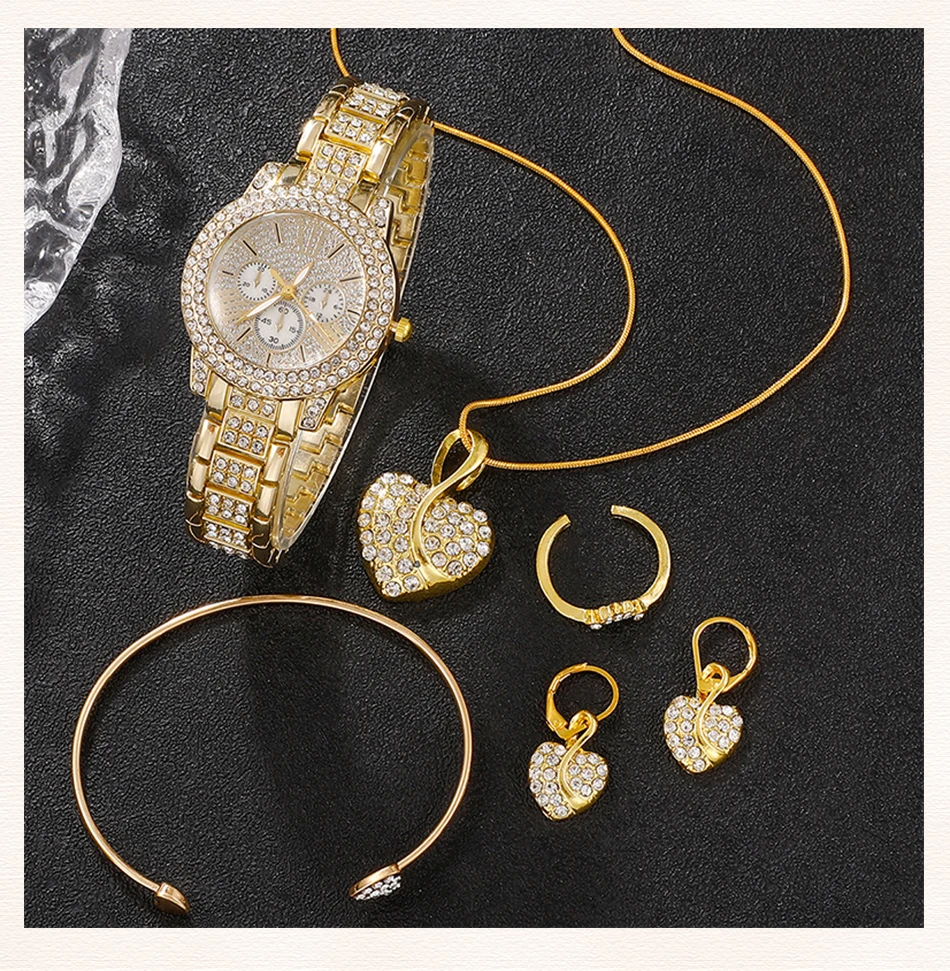 Gold Luxury Ring Necklace Earring Quartz Watch Jewelry Set for Women