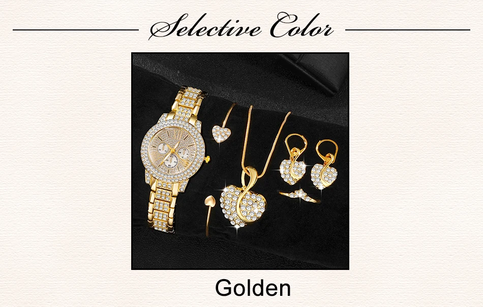 Gold Luxury Ring Necklace Earring Quartz Watch Jewelry Set for Women