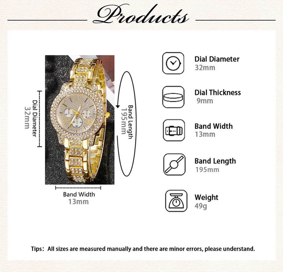 Gold Luxury Ring Necklace Earring Quartz Watch Jewelry Set for Women