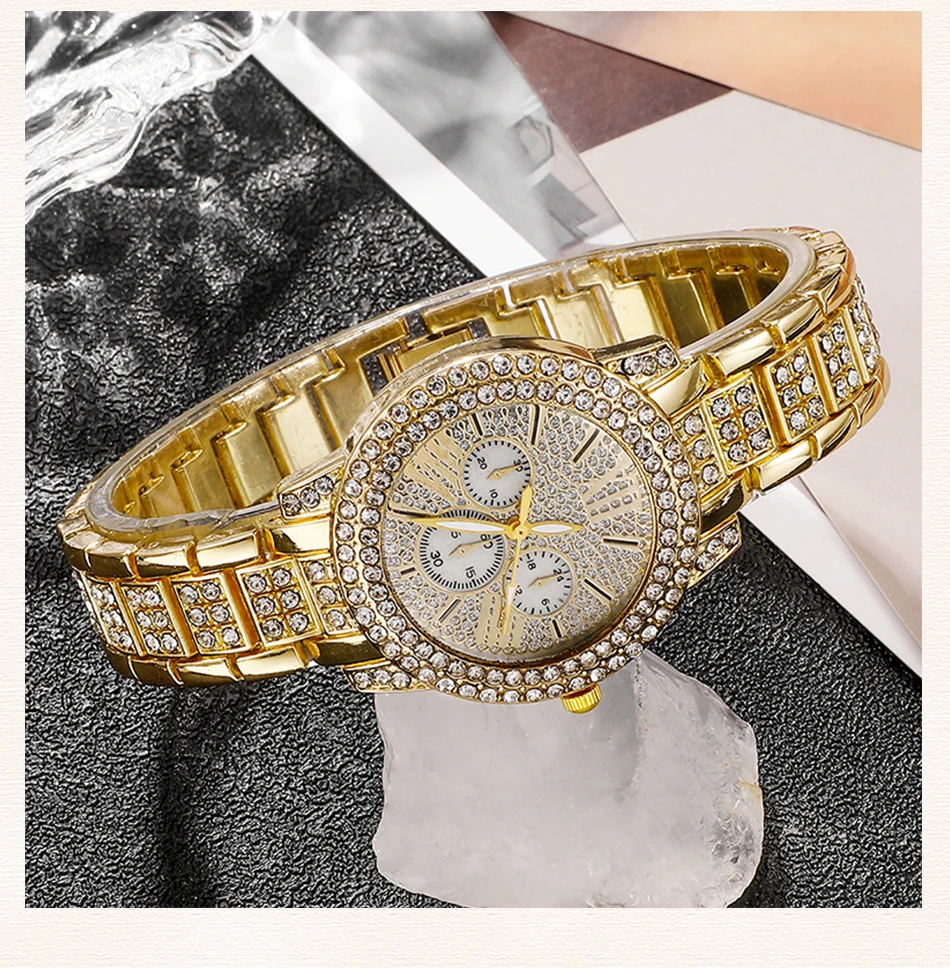 Gold Luxury Ring Necklace Earring Quartz Watch Jewelry Set for Women