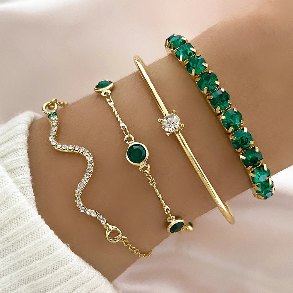 4Pcs Fashion Snake Green Gemstone Bangle Jewerly