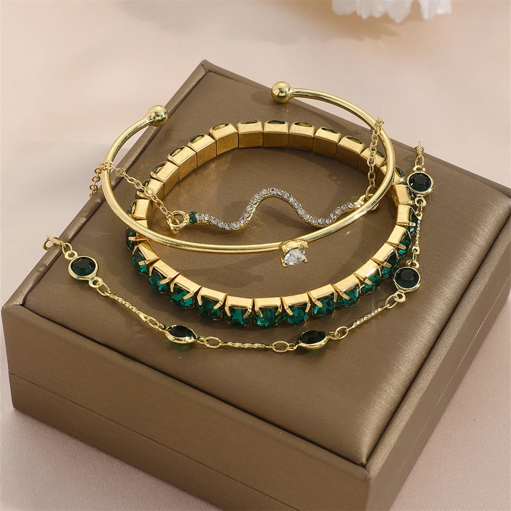 4Pcs Fashion Snake Green Gemstone Bangle Jewerly