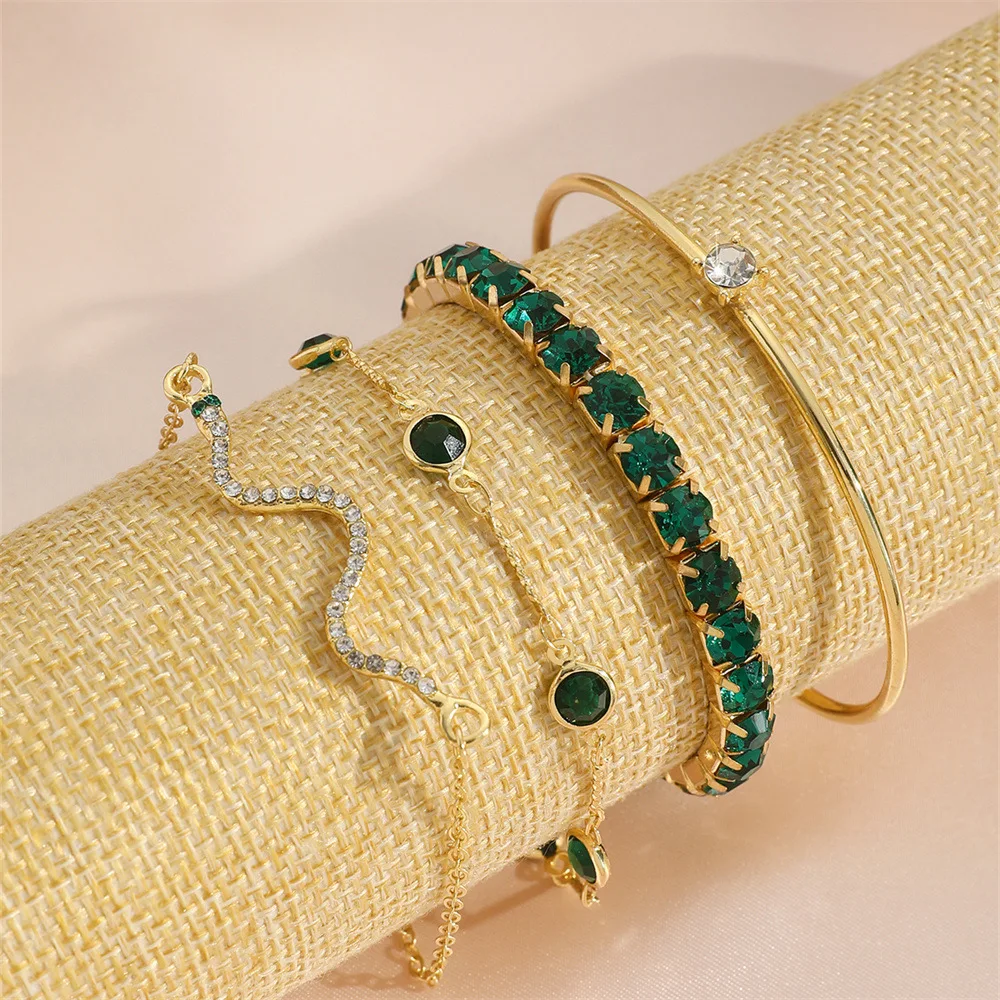 4Pcs Fashion Snake Green Gemstone Bangle Jewerly