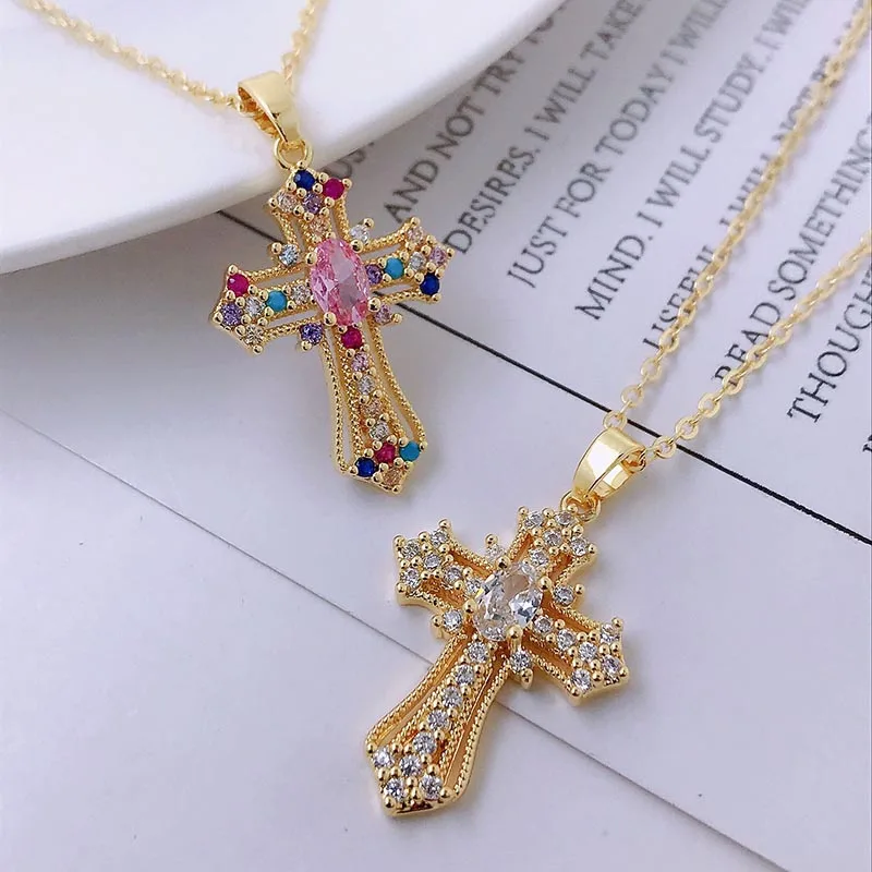 Stainless Steel Hip Hop Zircon Cross Shiny Pendant Necklace Gifts