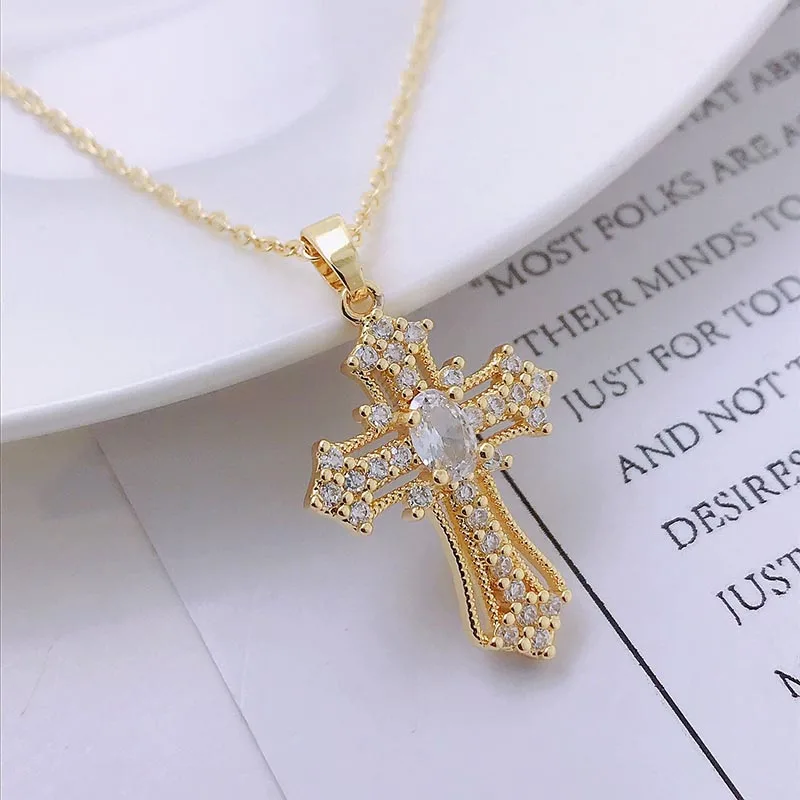 Stainless Steel Hip Hop Zircon Cross Shiny Pendant Necklace Gifts