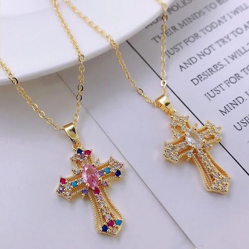 Stainless Steel Hip Hop Zircon Cross Shiny Pendant Necklace Gifts