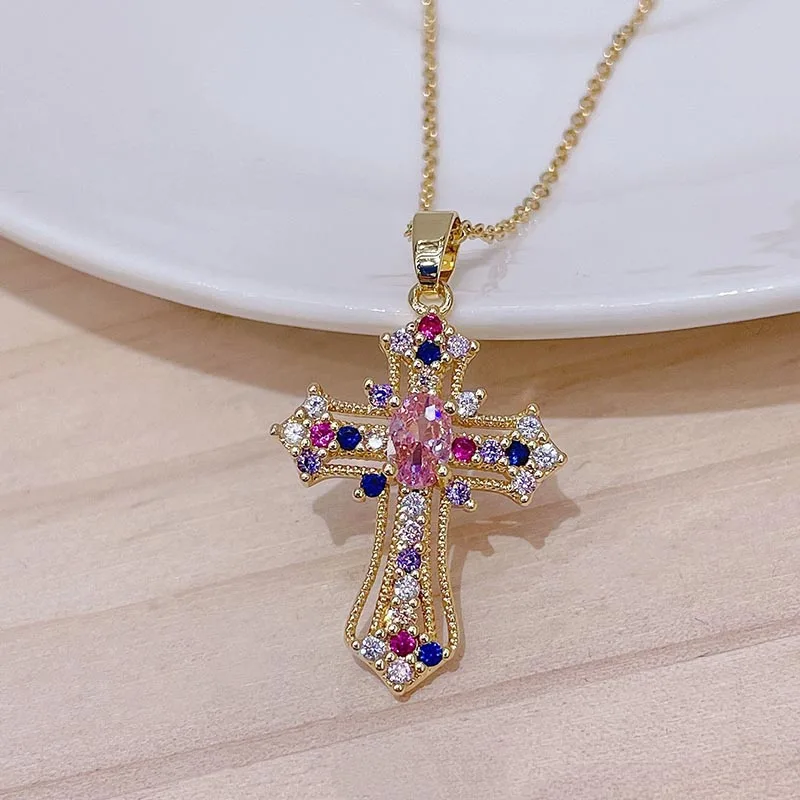 Stainless Steel Hip Hop Zircon Cross Shiny Pendant Necklace Gifts