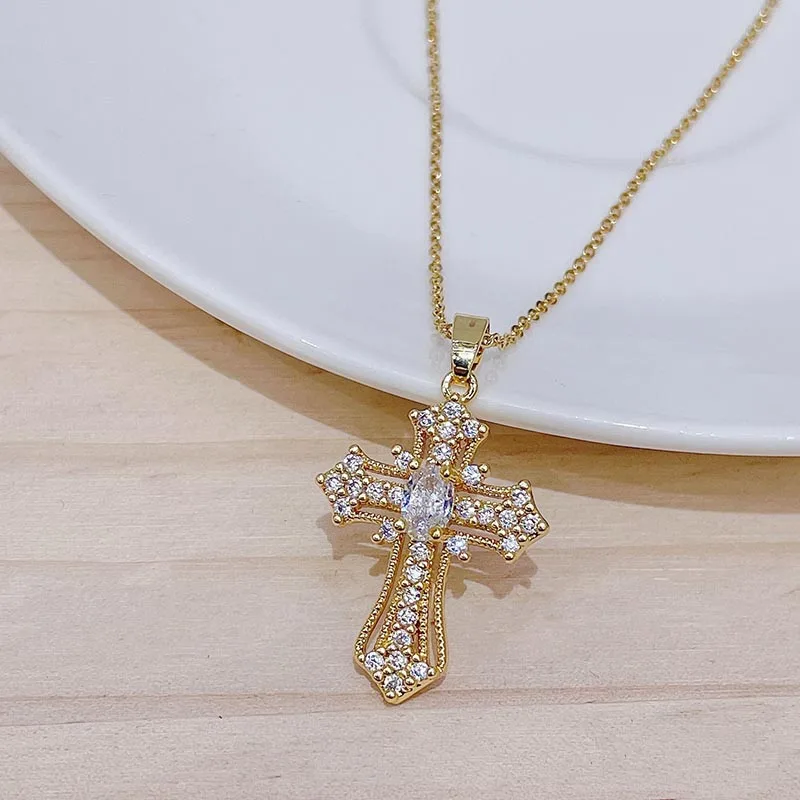 Stainless Steel Hip Hop Zircon Cross Shiny Pendant Necklace Gifts