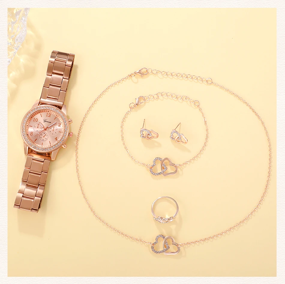 6PCS Set Rose Gold Luxury Watch Ring Necklace Earring for Women