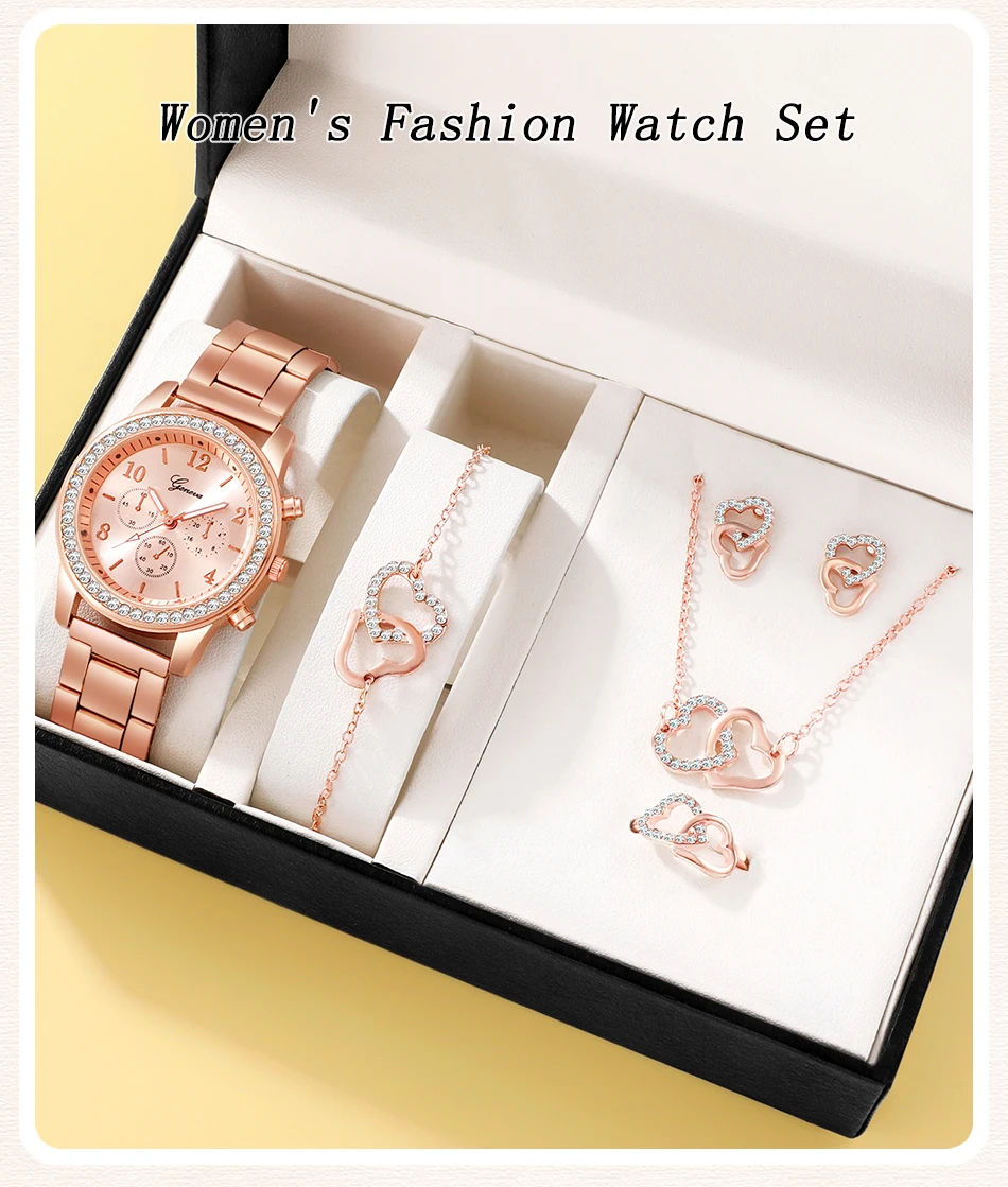 6PCS Set Rose Gold Luxury Watch Ring Necklace Earring for Women