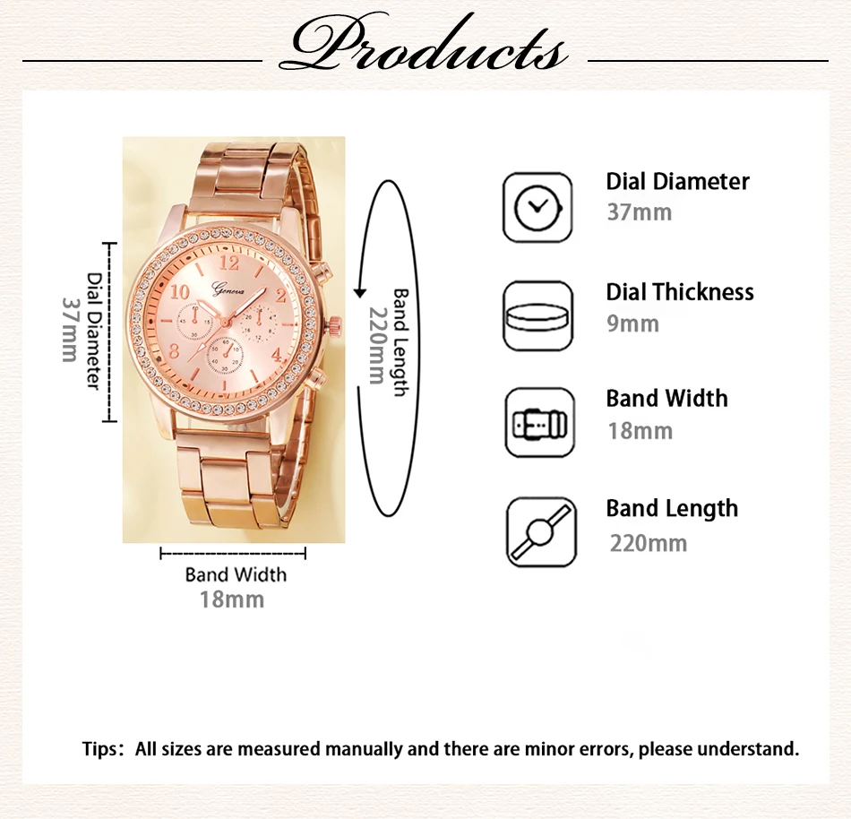 6PCS Set Rose Gold Luxury Watch Ring Necklace Earring for Women