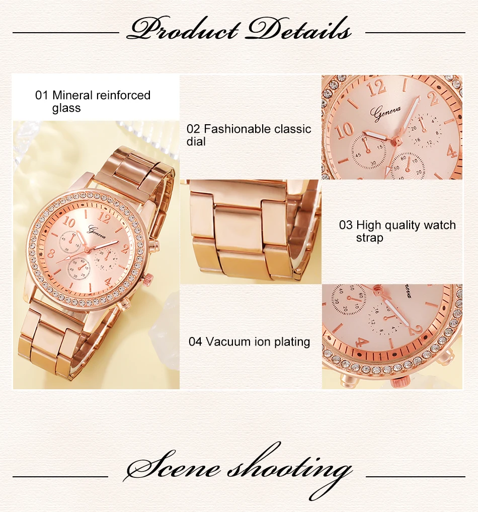 6PCS Set Rose Gold Luxury Watch Ring Necklace Earring for Women