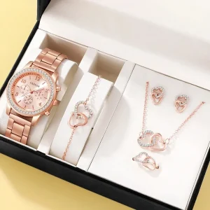 6PCS Rose Gold Luxury Watch Ring Necklace Earring for Women