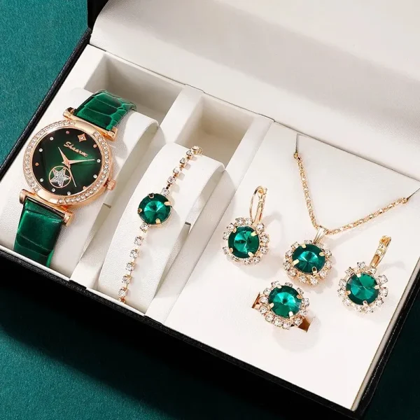 6PCS Set Green Luxury Quartz Watch Ring Necklace Earring for Women