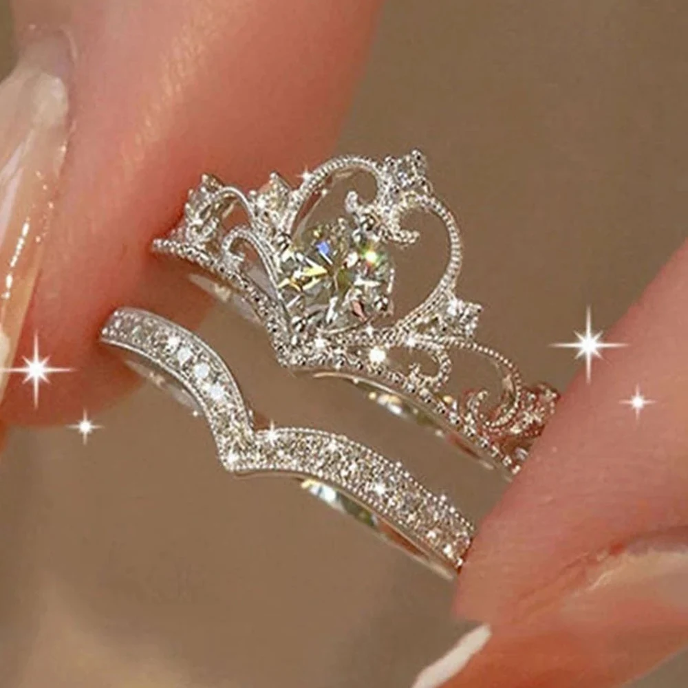 2PCS Fairy Sparkling Crown Rings for Women